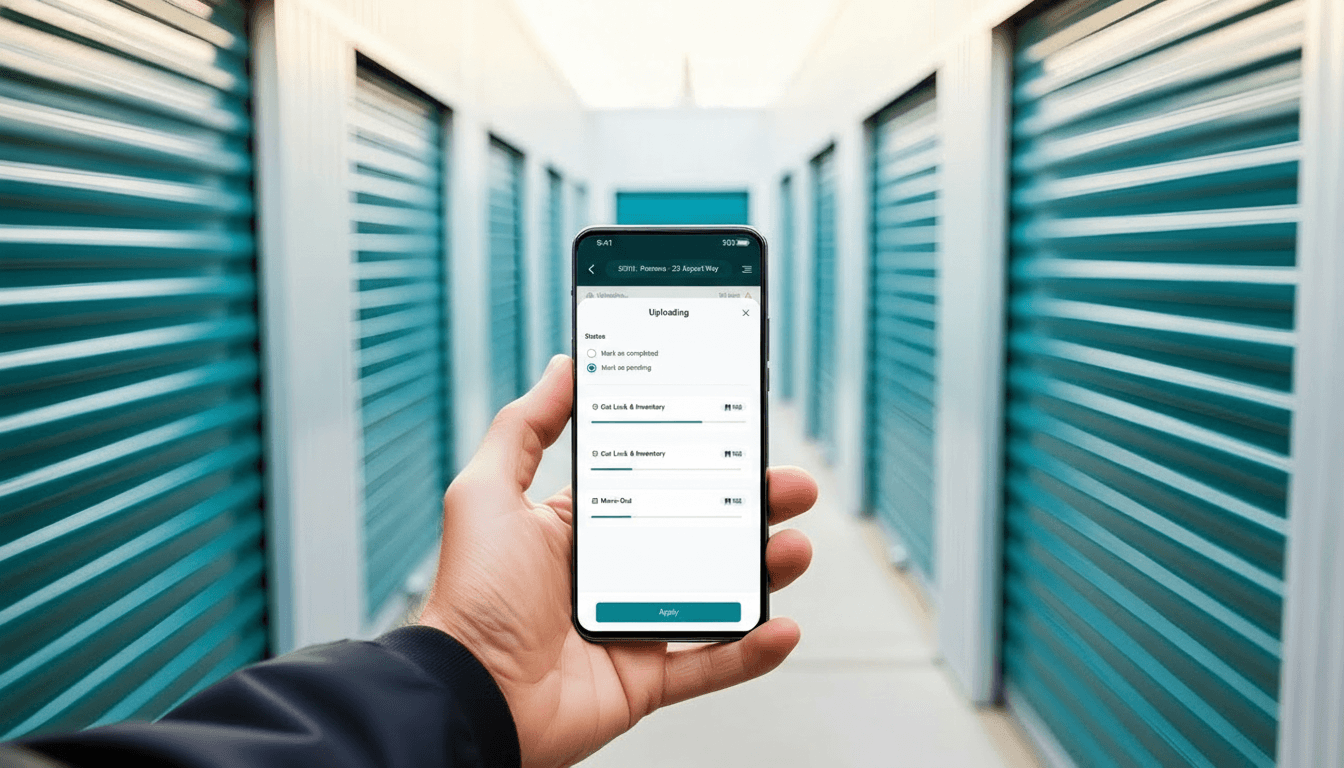 Self Storage Operator completing field delinquency tasks on mobile app