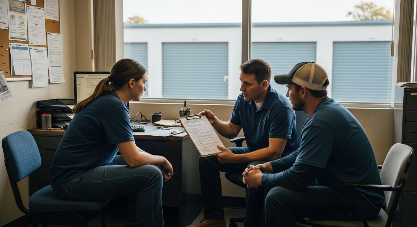 Self-Storage Management Team Discussing Daily Tasks