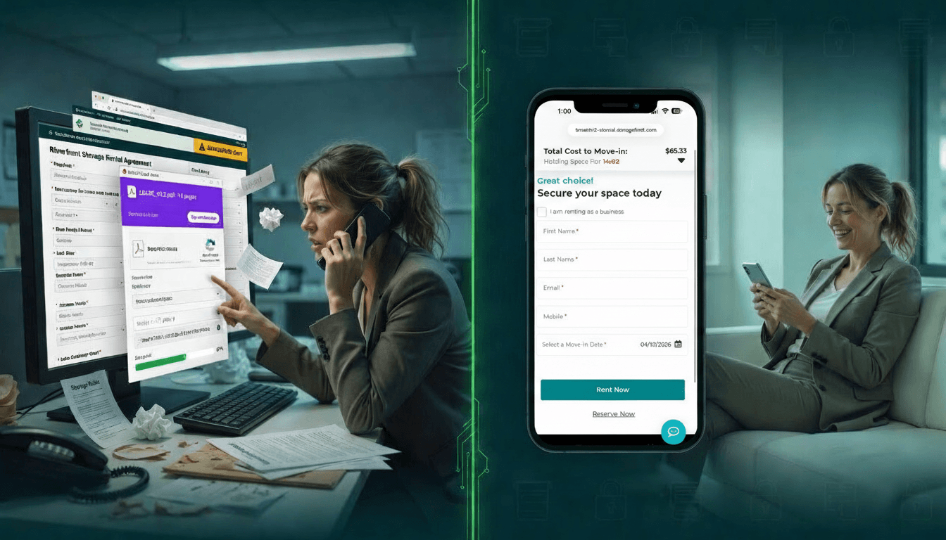 Visualization of self storage user renting a unit on outdated workflows vs renting using SuperLease
