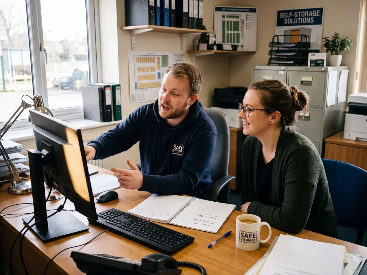 Two facility staff reviewing unit pricing together at the office computer