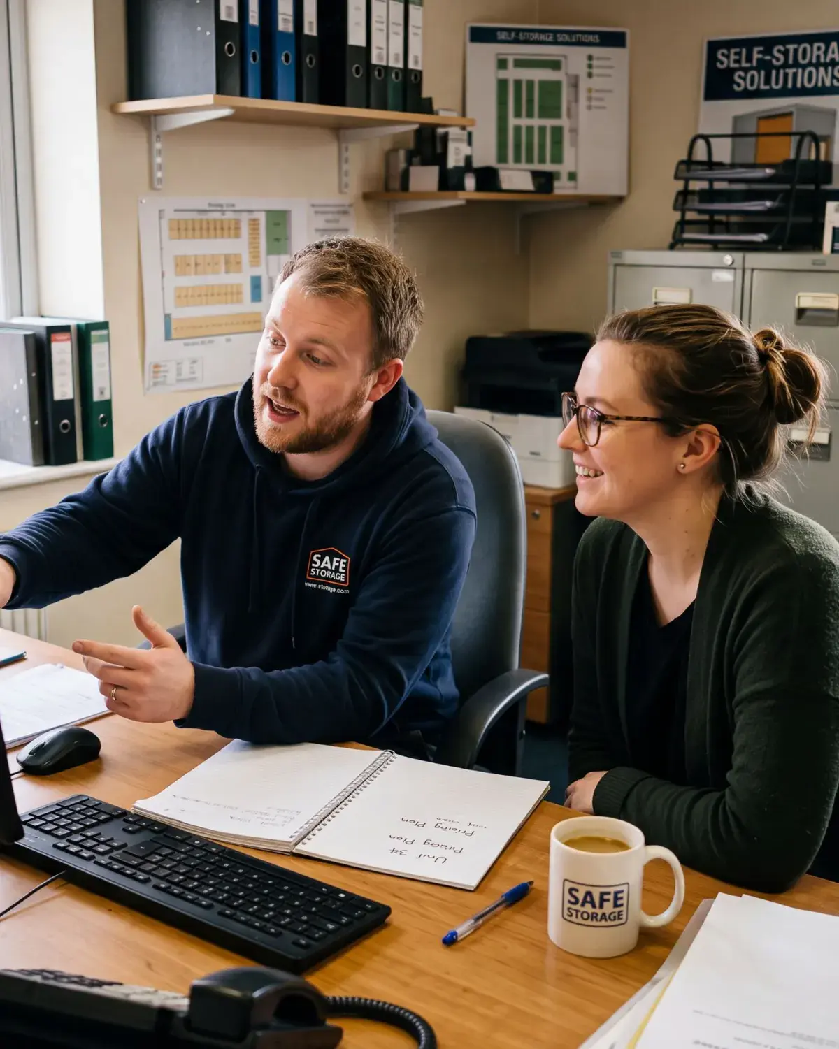 Two facility staff reviewing their portfolio together at the office computer