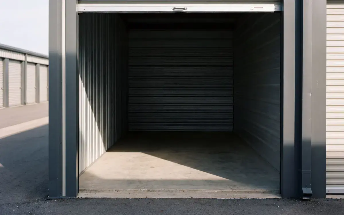 An empty storage unit with its roll-up door open